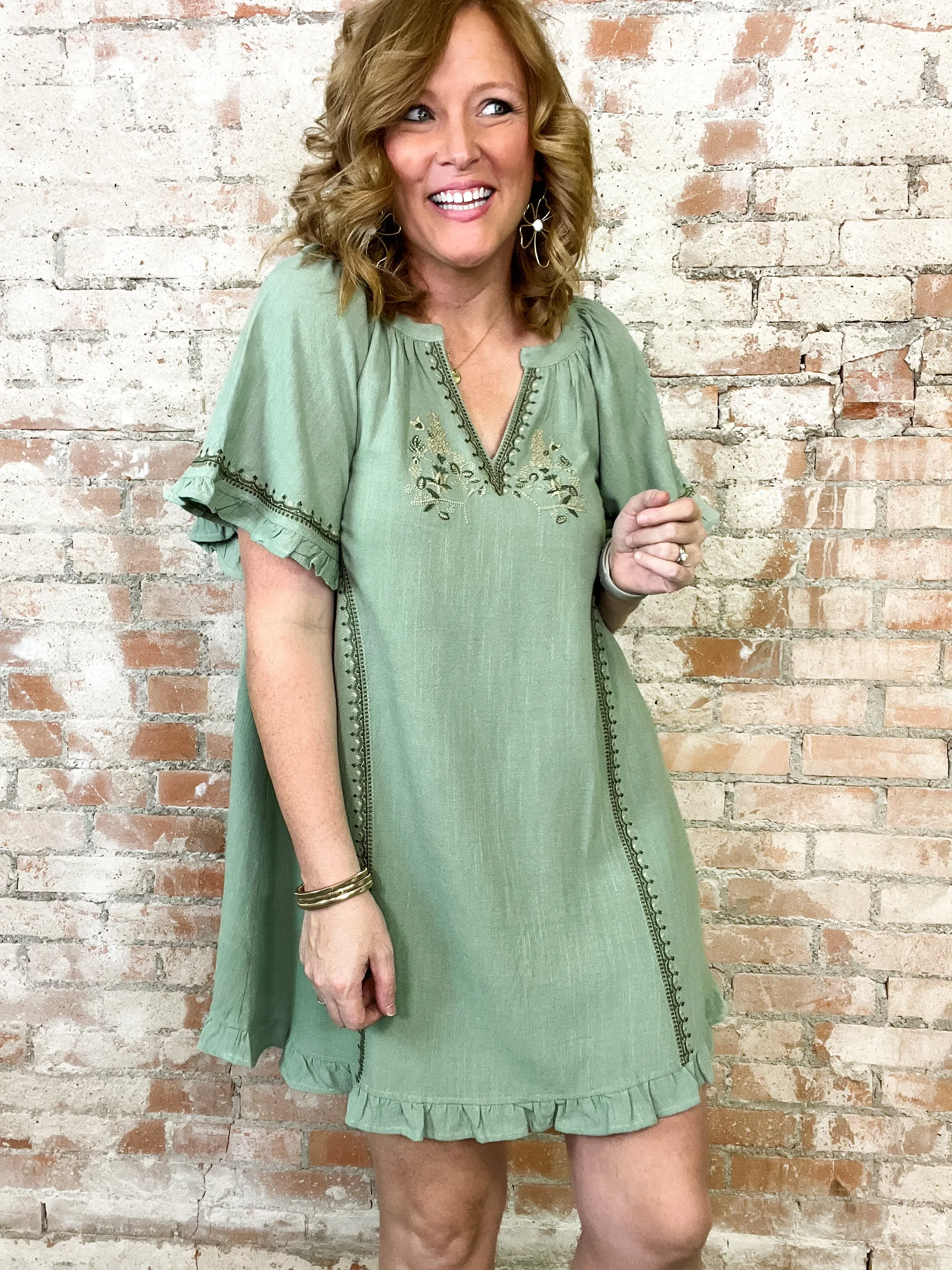 Mavis Dusty Mint Embroidered Dress - FINAL SALE