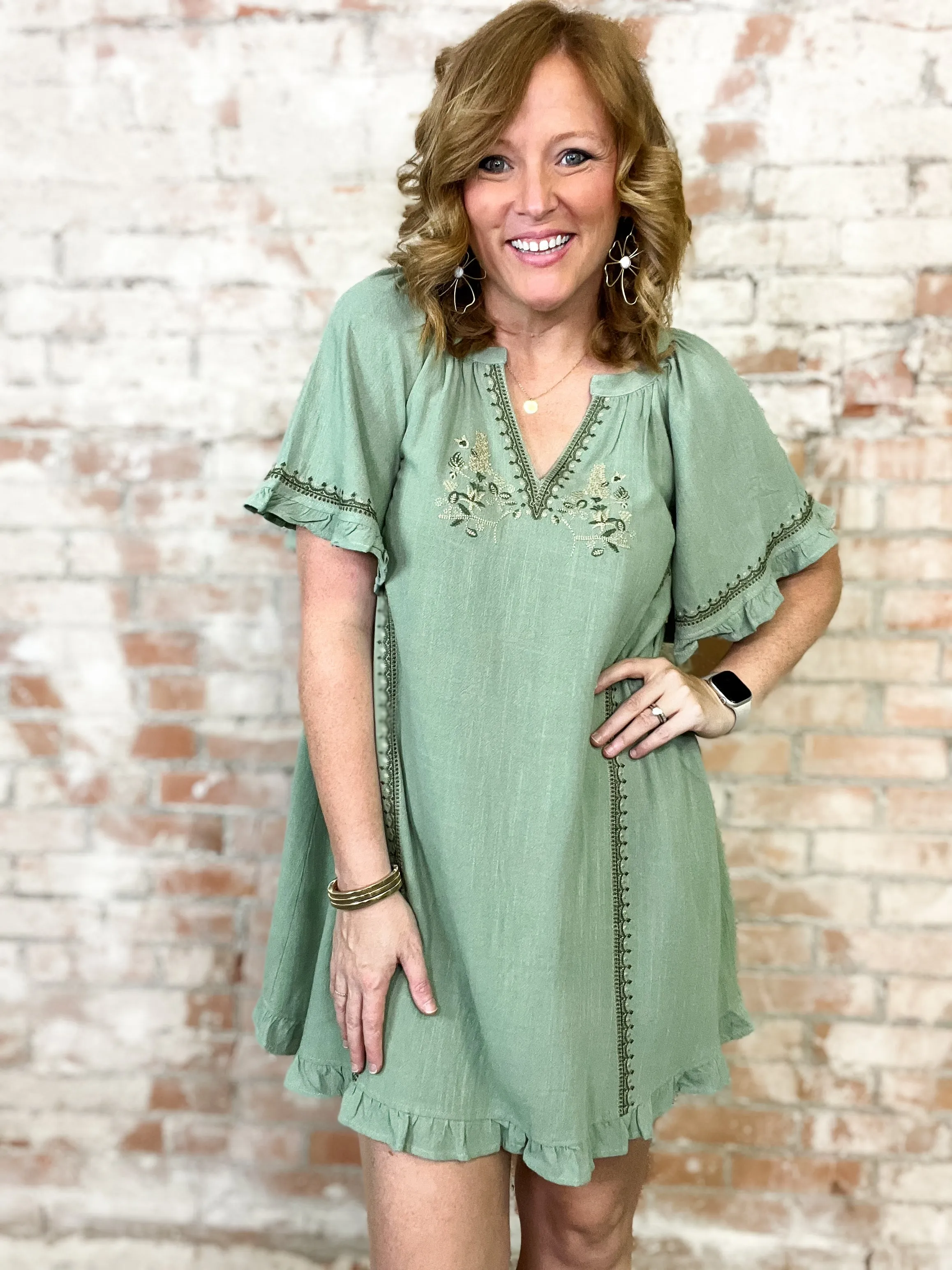 Mavis Dusty Mint Embroidered Dress - FINAL SALE