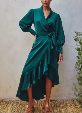 Meet Hazel Satin Ruffled Midi Wrap Dress In Deep Teal By Dress Forum