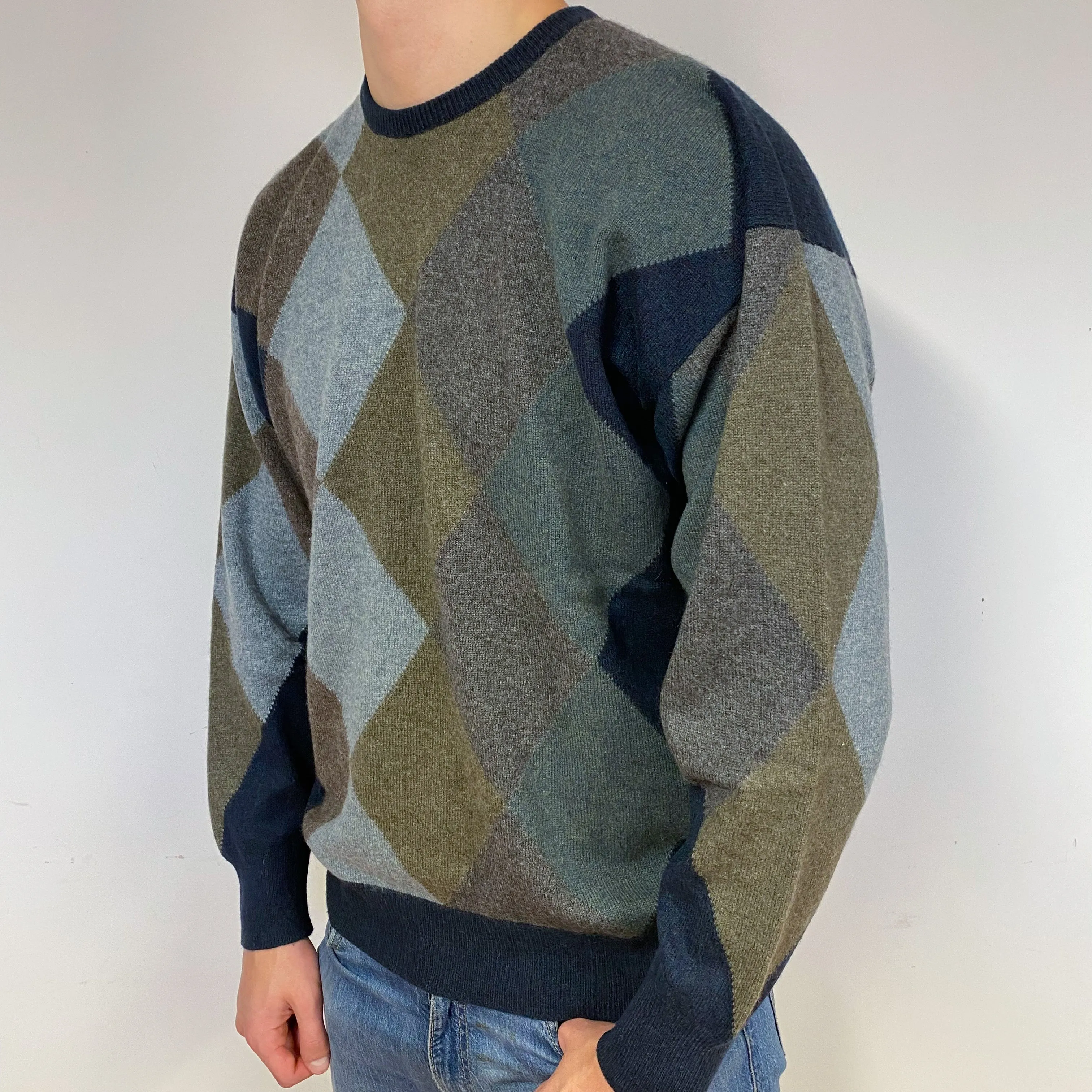 Men's Scotch Blue Diamond Cashmere Crew Neck Jumper Extra Large