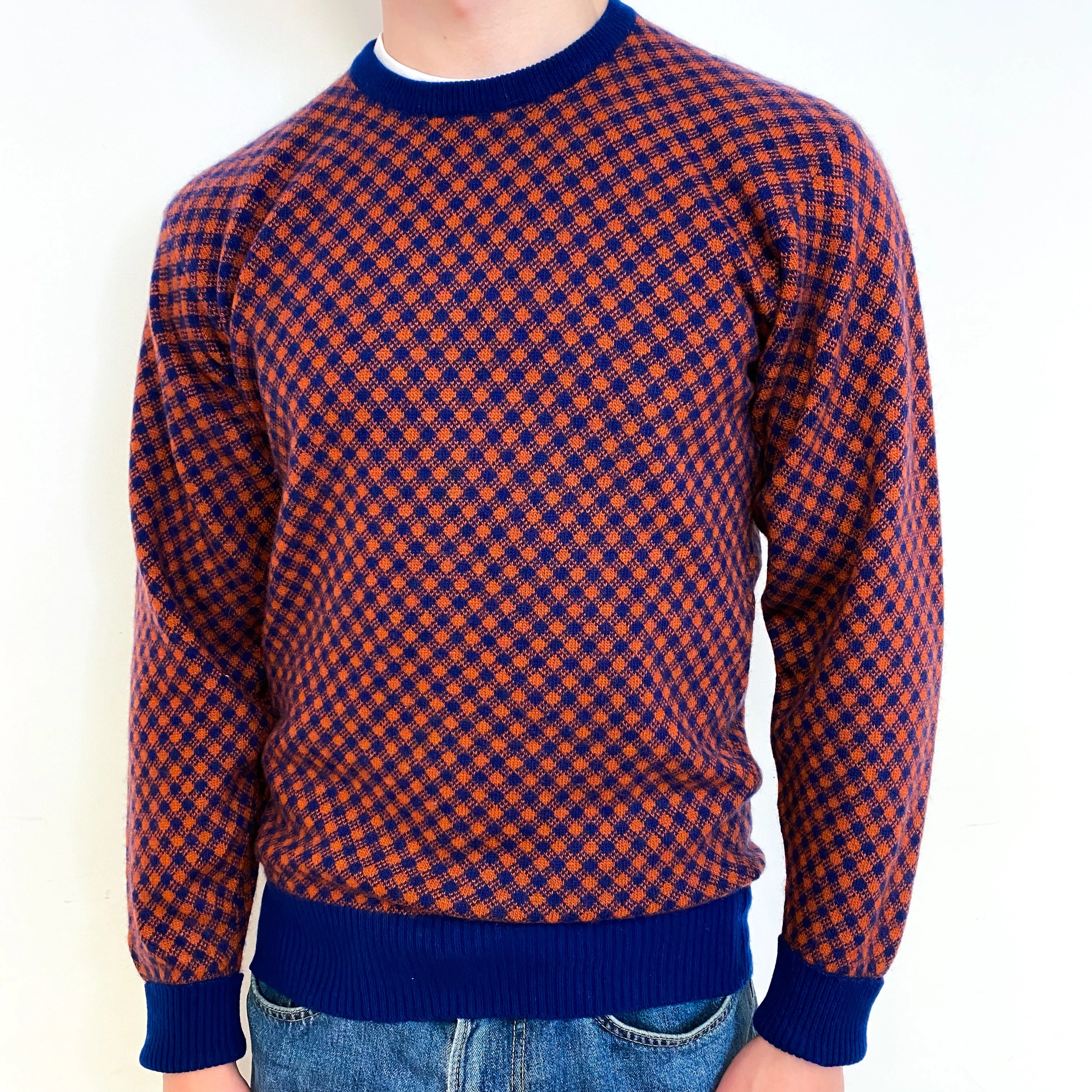 Men's Vintage Orange and Navy Cashmere Crew Neck Jumper