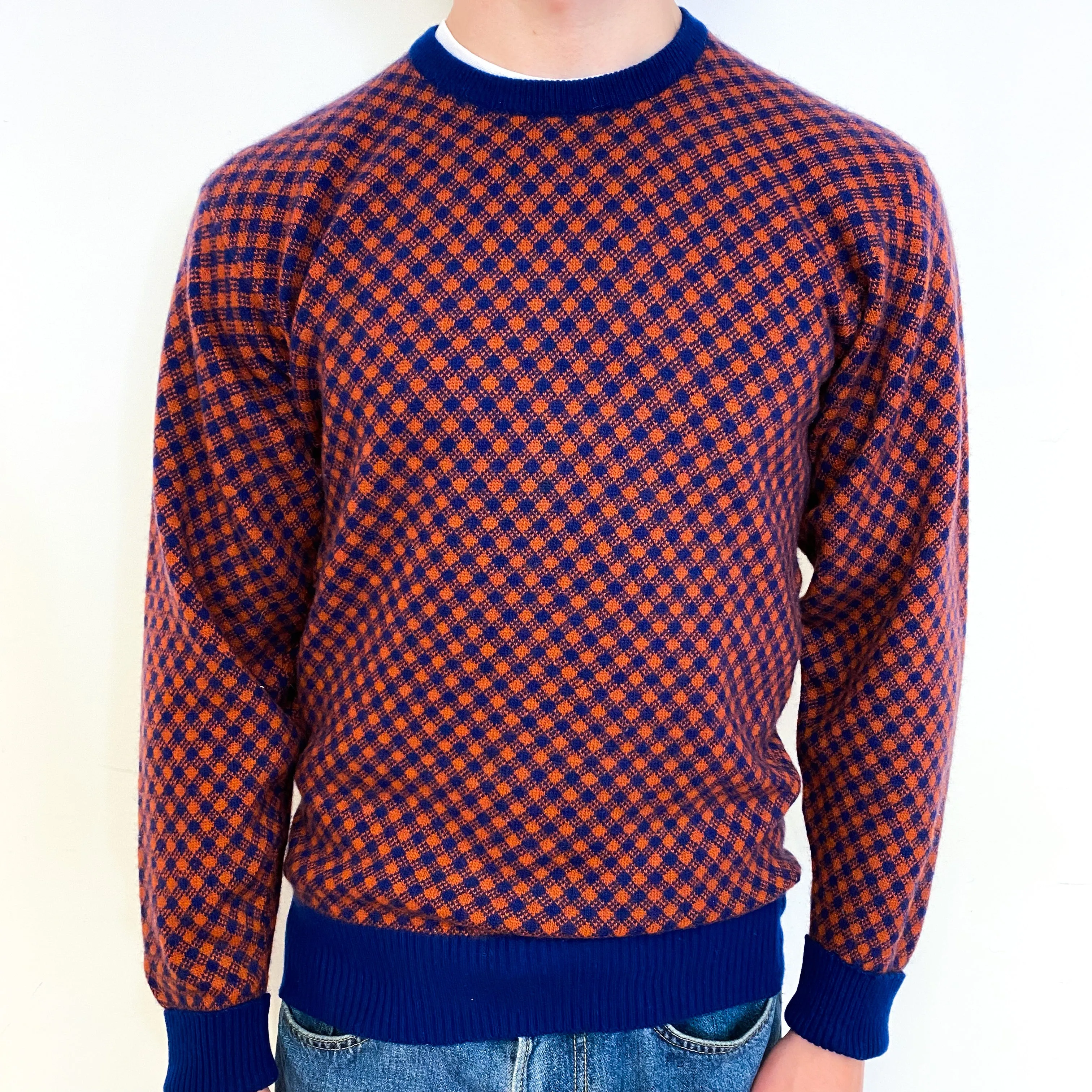 Men's Vintage Orange and Navy Cashmere Crew Neck Jumper