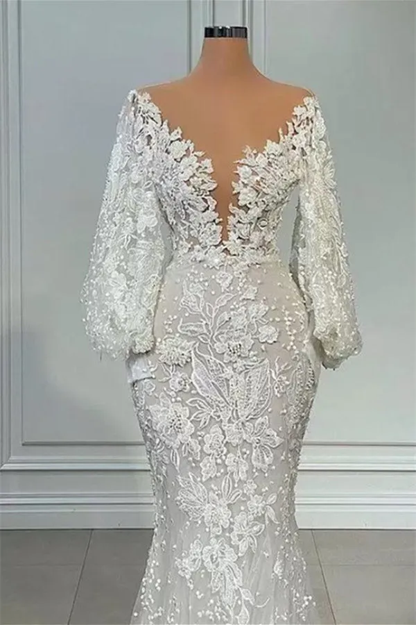 Mermaid V-neck Lace Floor-length Long Sleeve Applique Beaded Wedding Dress