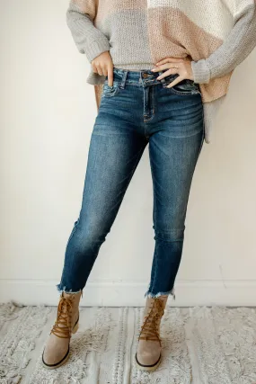 mid rise fray hem crop skinny