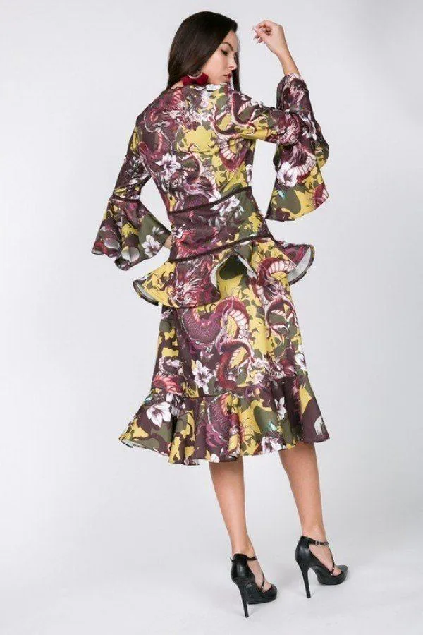 Mustard Cascade Ruffle Sleeve Frill Tiered Bottom Print Midi Dress