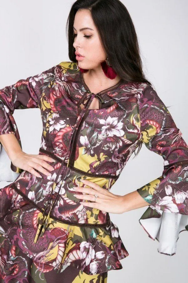 Mustard Cascade Ruffle Sleeve Frill Tiered Bottom Print Midi Dress