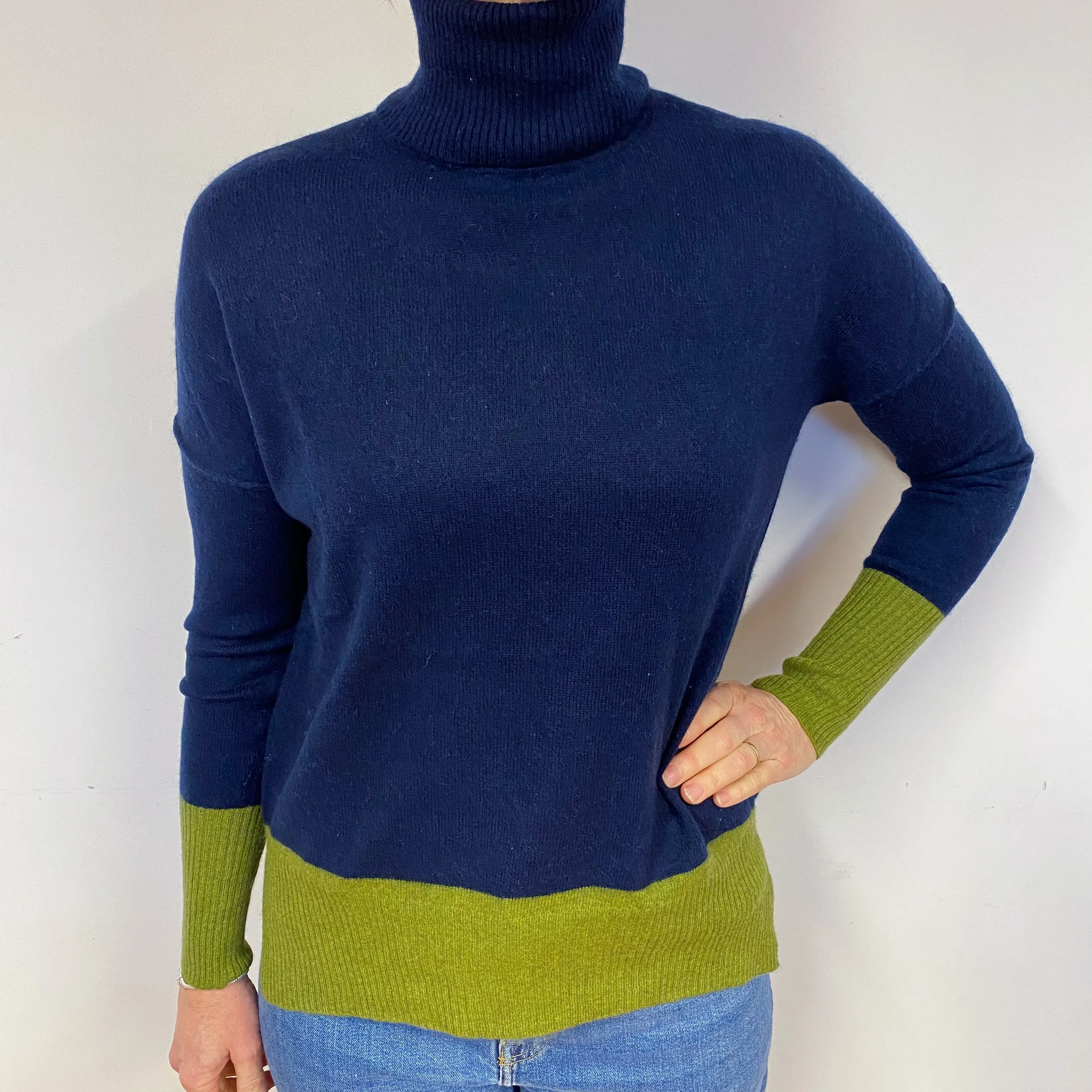 Navy Blue and Green Colour Block Cashmere Polo Neck Jumper Medium