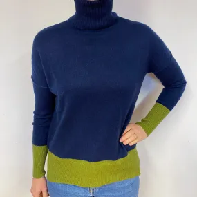 Navy Blue and Green Colour Block Cashmere Polo Neck Jumper Medium