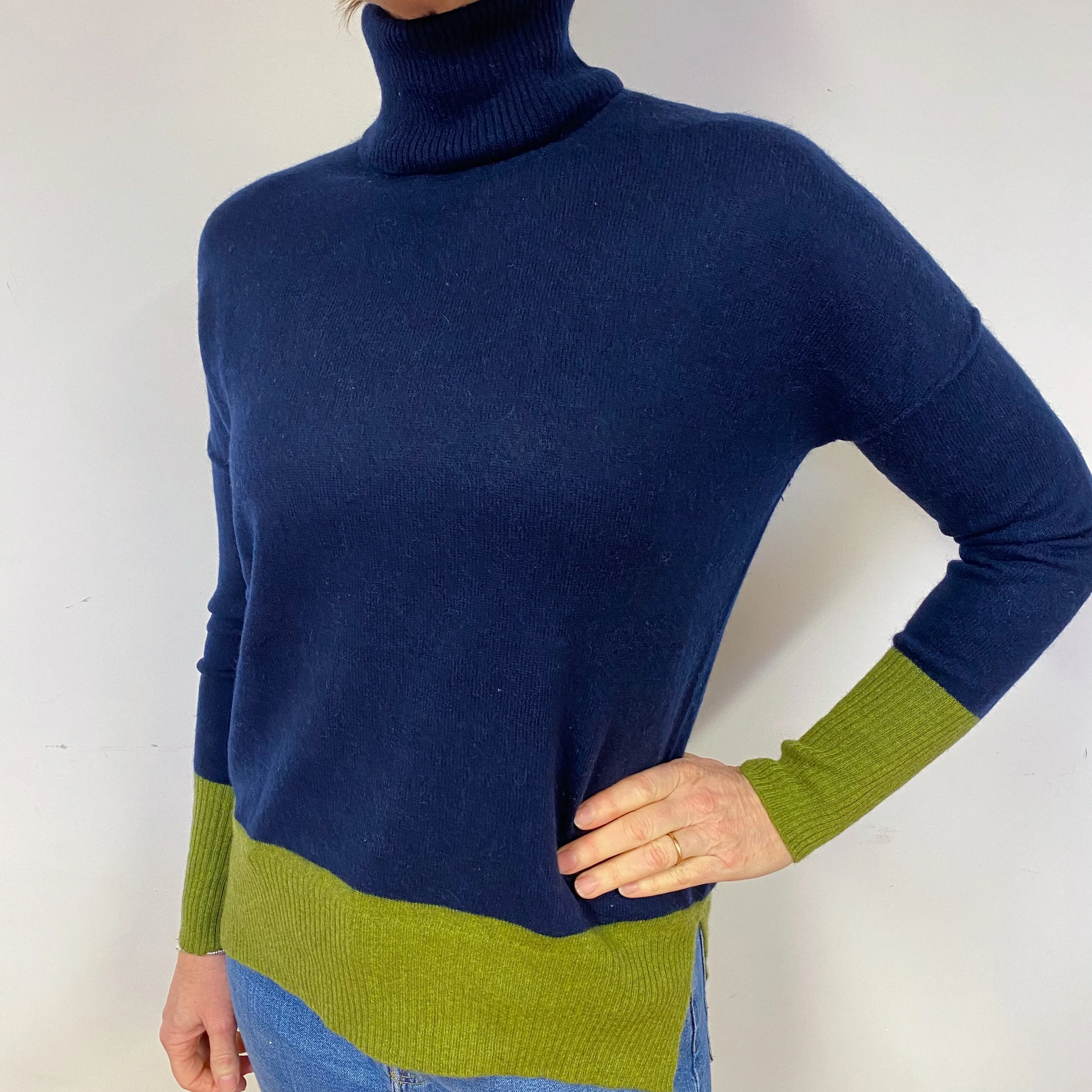 Navy Blue and Green Colour Block Cashmere Polo Neck Jumper Medium
