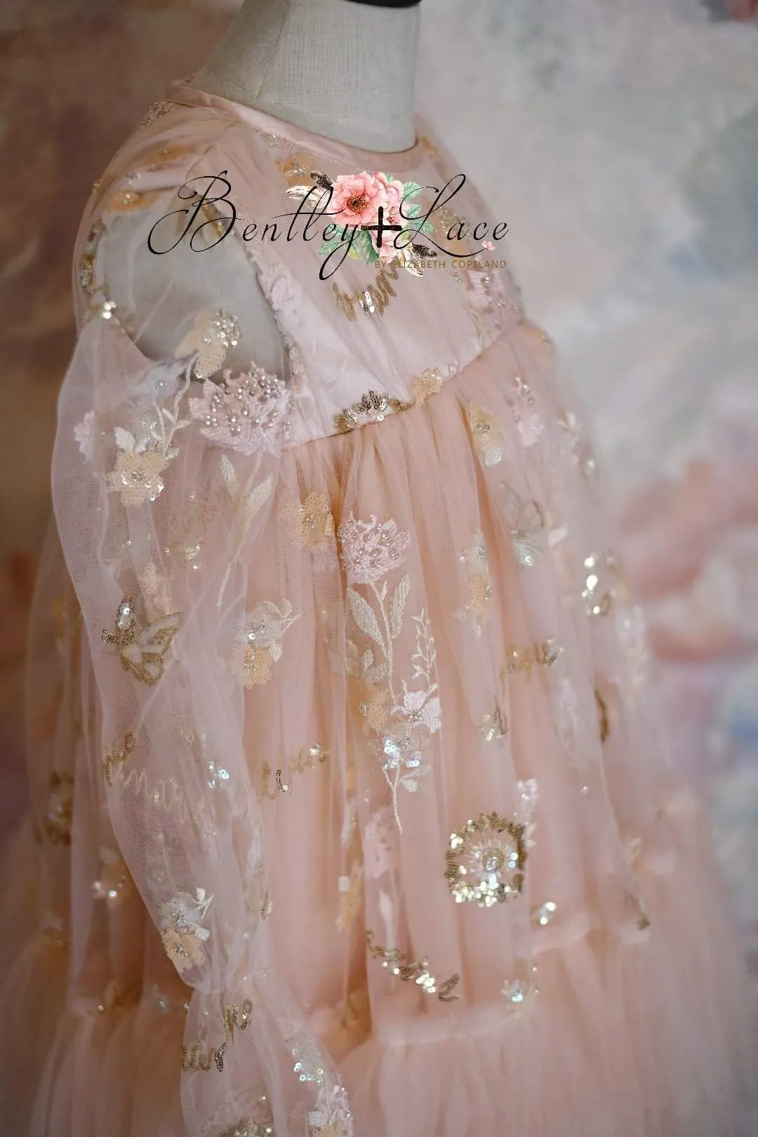 New. "Carolyn" -  bishop sleeve-Butterfly Sequin-Vintage Length Dress ( 6 Year - Petite 7 Year)