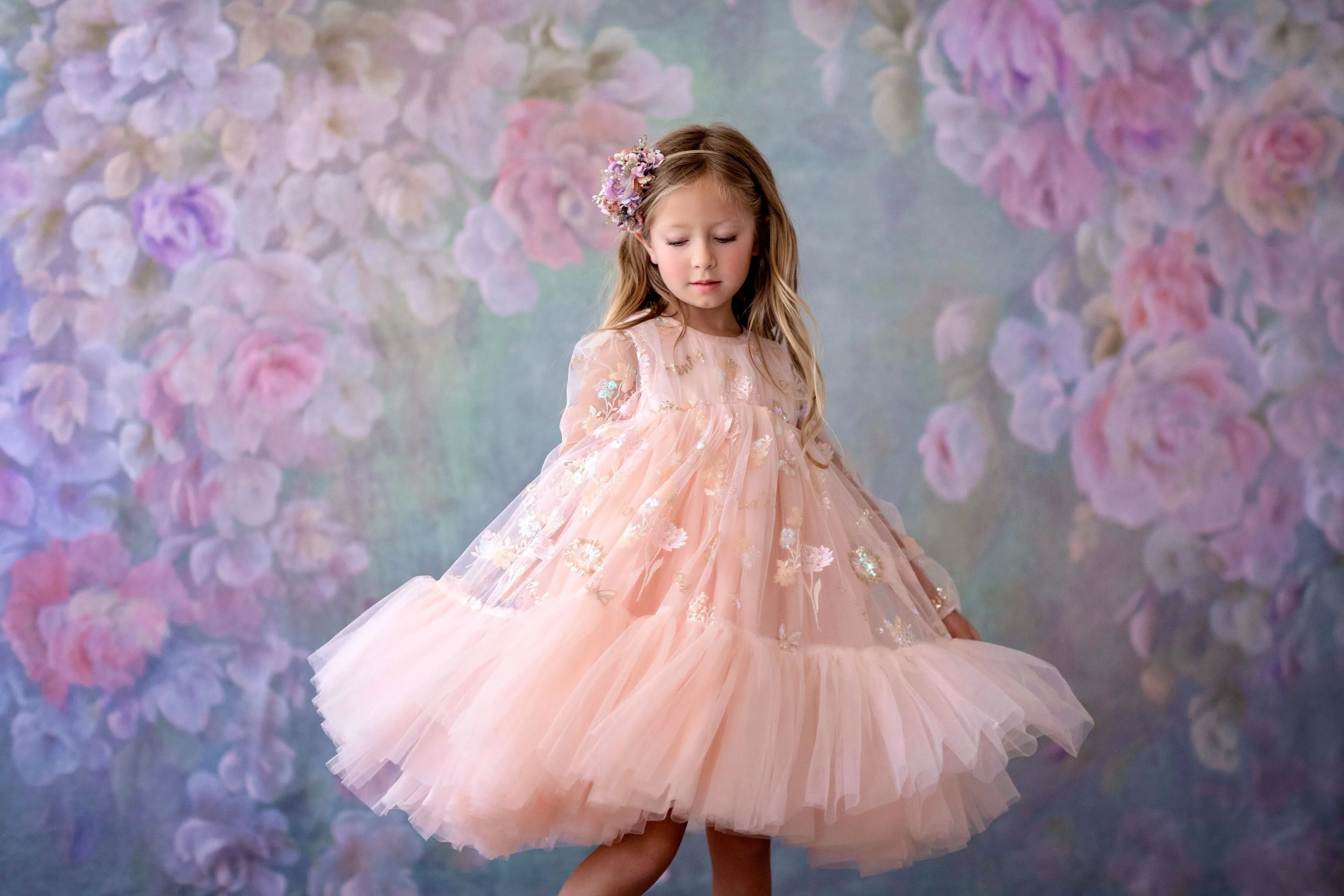 New. "Carolyn" -  bishop sleeve-Butterfly Sequin-Vintage Length Dress ( 6 Year - Petite 7 Year)