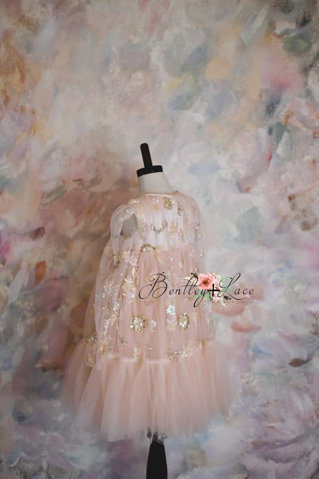 New. "Carolyn" -  bishop sleeve-Butterfly Sequin-Vintage Length Dress ( 6 Year - Petite 7 Year)
