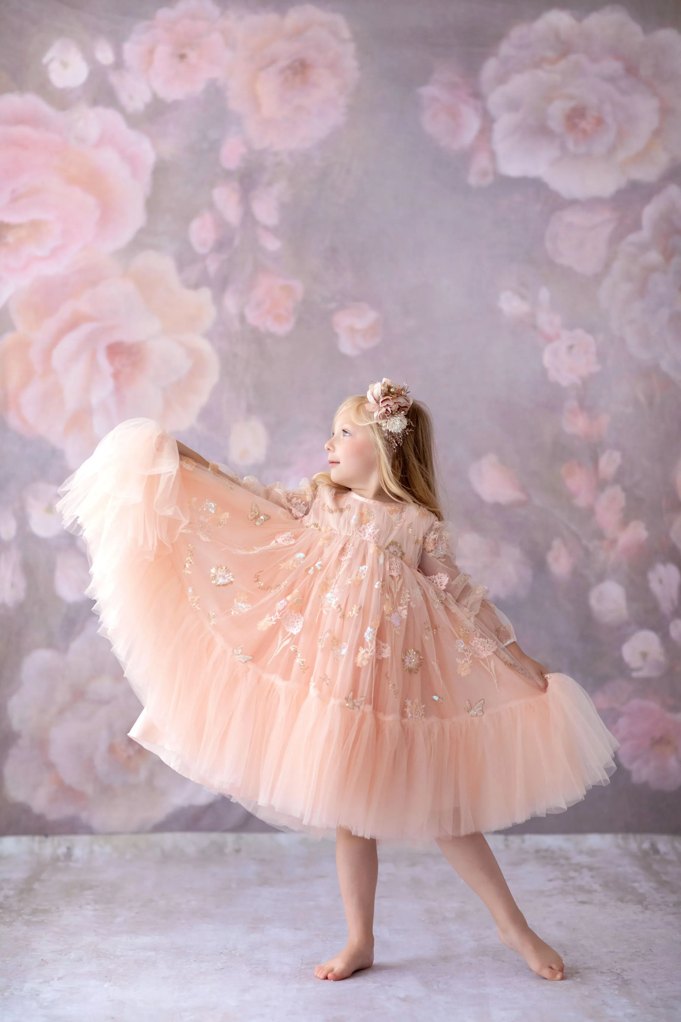 New. "Carolyn" -  bishop sleeve-Butterfly Sequin-Vintage Length Dress ( 6 Year - Petite 7 Year)