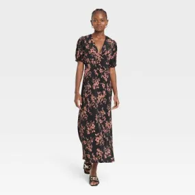 New - Women's Crepe Puff Short Sleeve Midi Dress - A New Day Black/Brown Floral XS