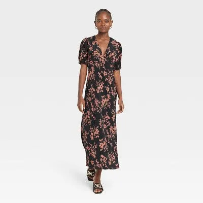 New - Women's Crepe Puff Short Sleeve Midi Dress - A New Day Black/Brown Floral XS