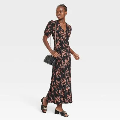 New - Women's Crepe Puff Short Sleeve Midi Dress - A New Day Black/Brown Floral XS