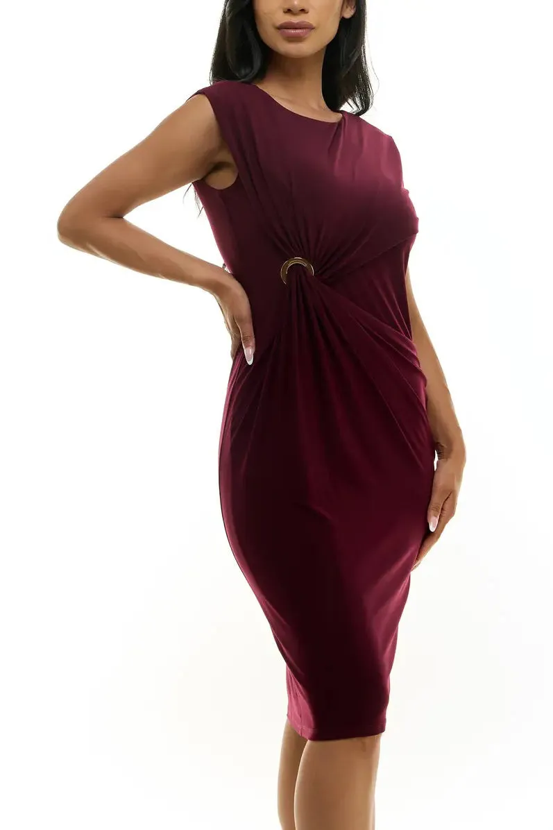 Nina Leonard jewel neck sleeveless gathered side held by a metallic ring zipper back solid matte jersey dress