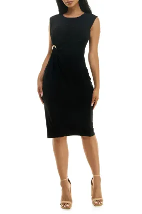 Nina Leonard jewel neck sleeveless gathered side held by a metallic ring zipper back solid matte jersey dress