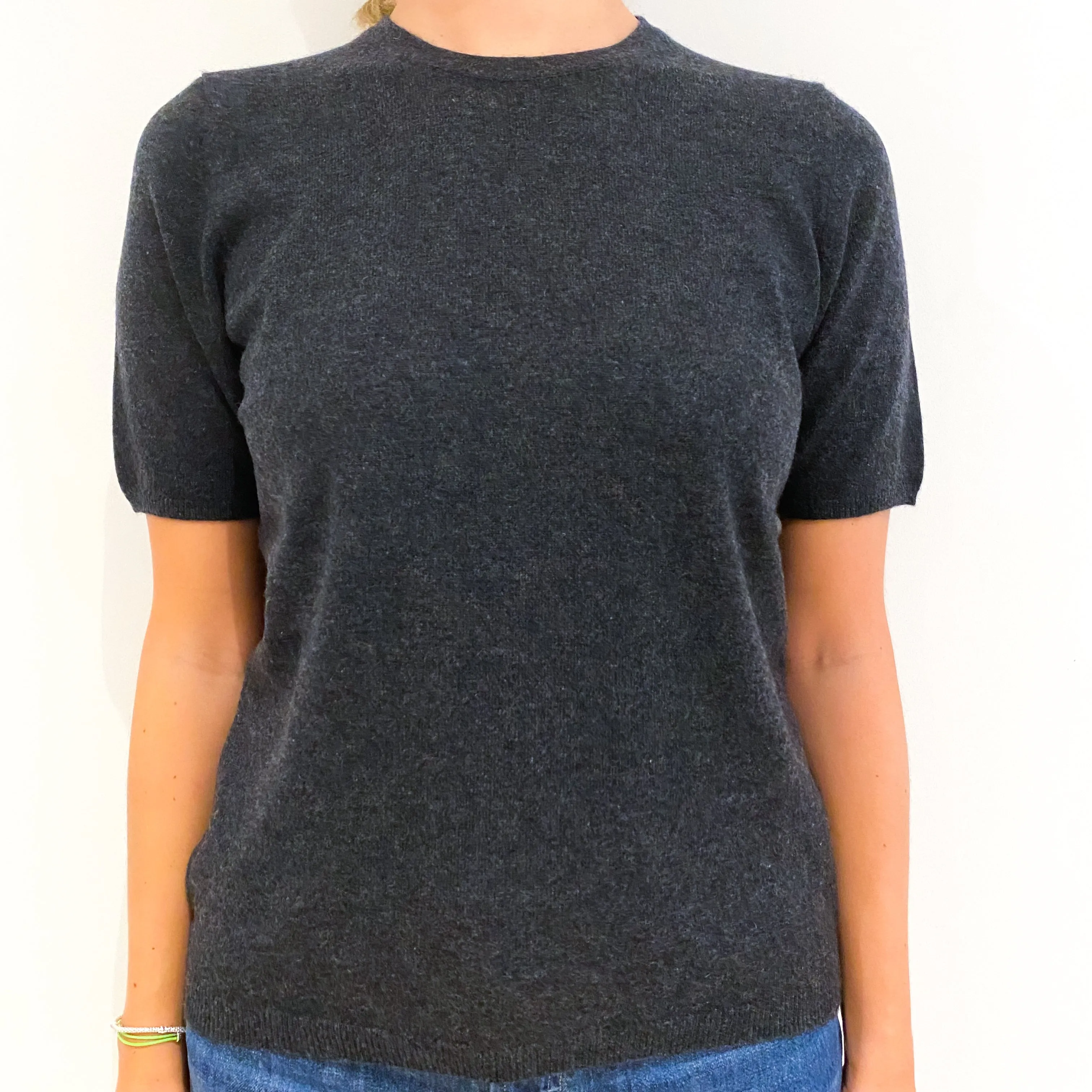 N.Peal Charcoal Grey Short Sleeved Crew Neck Jumper Medium