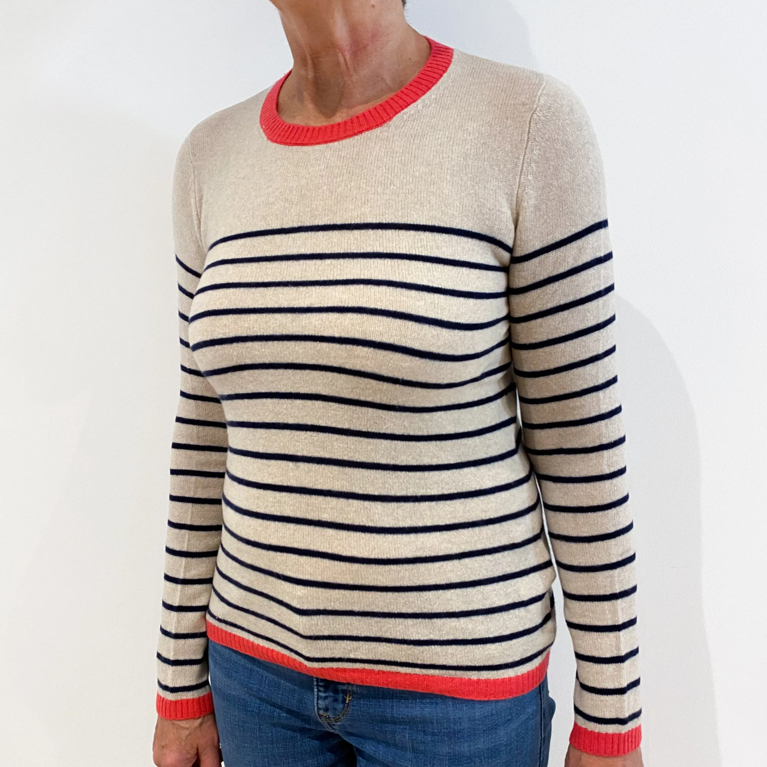 Oatmeal with Navy Stripes Cashmere Crew Neck Jumper Medium
