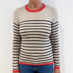 Oatmeal with Navy Stripes Cashmere Crew Neck Jumper Medium