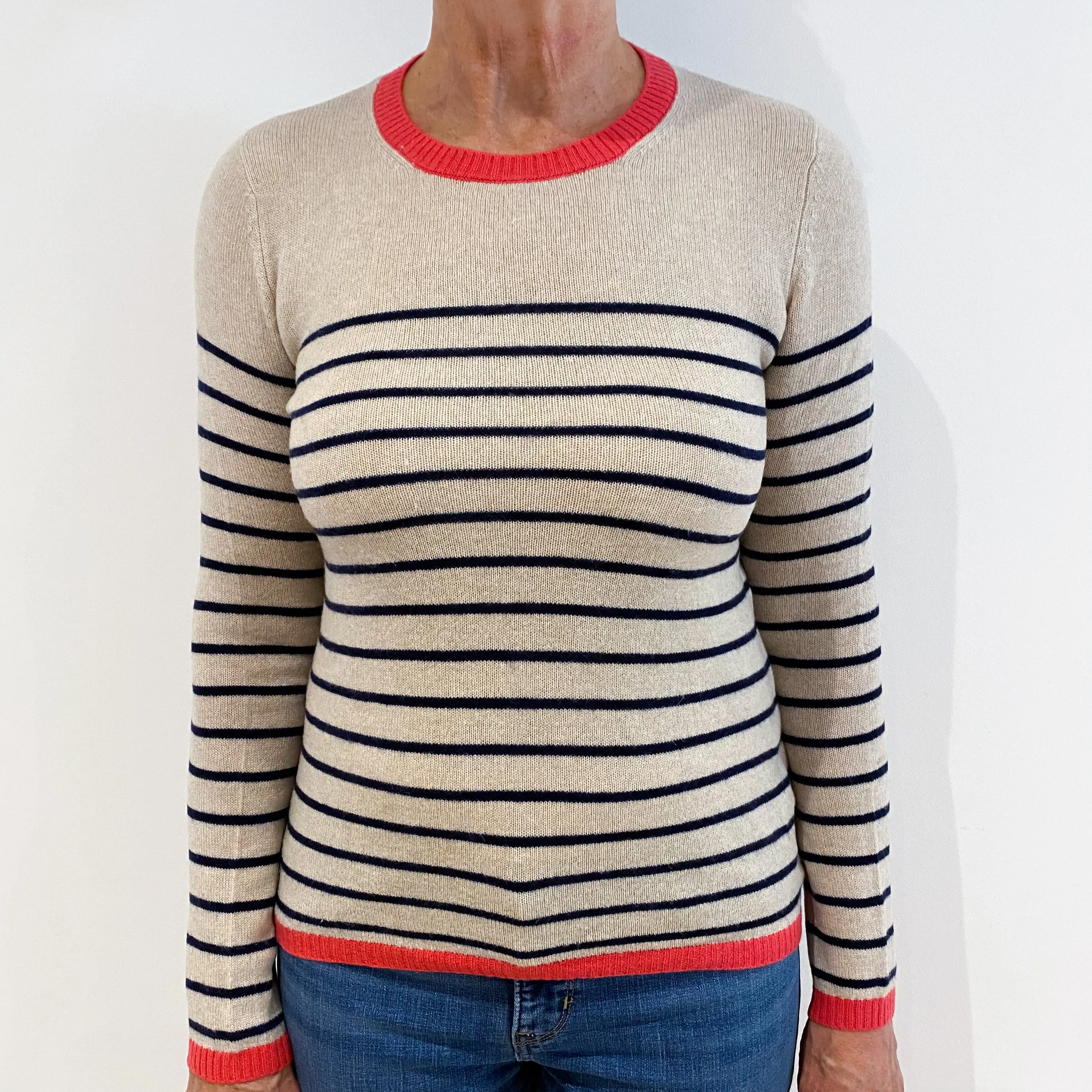 Oatmeal with Navy Stripes Cashmere Crew Neck Jumper Medium