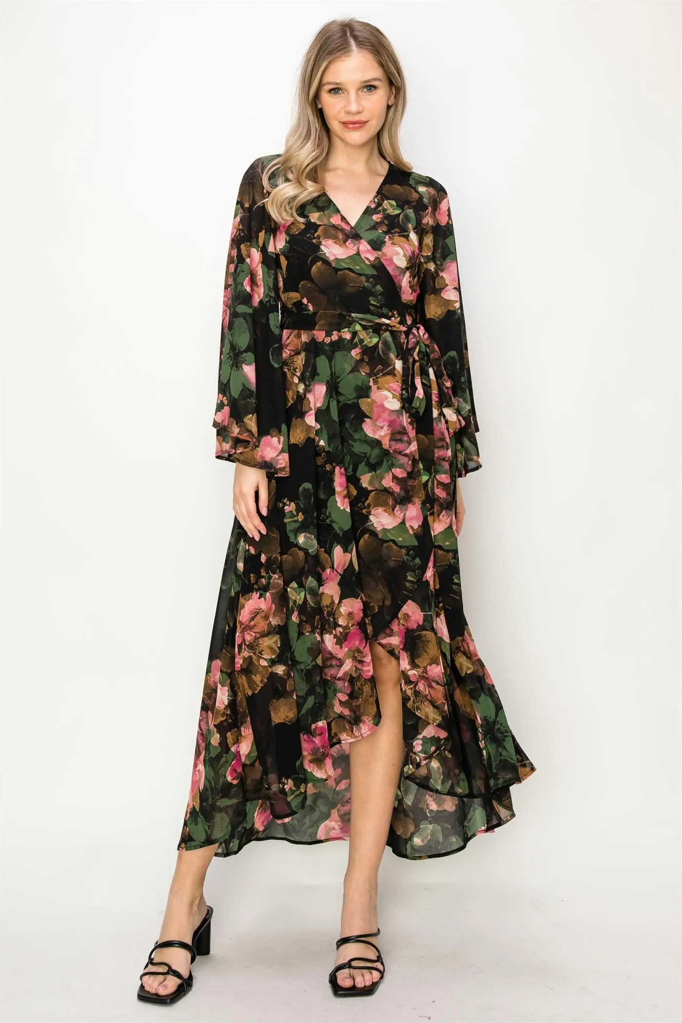 OL24A089-CHIFFON V-NECK WRAP HIGH-LOW MAXI DRESS