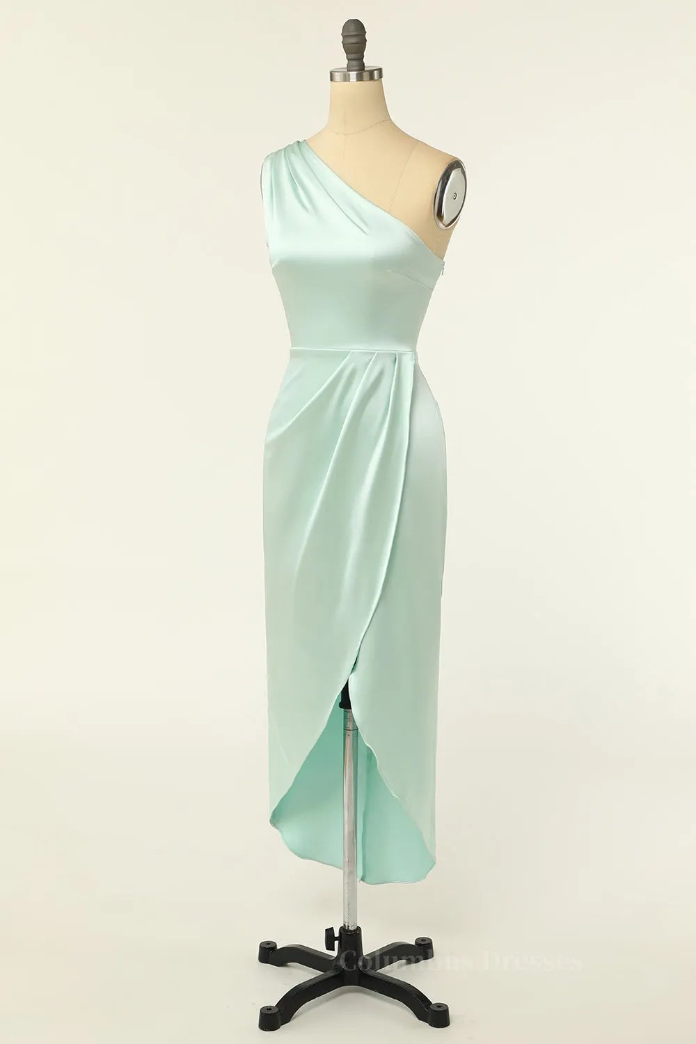 One Shoulder Mint Green Wrap Bridesmaid Dress