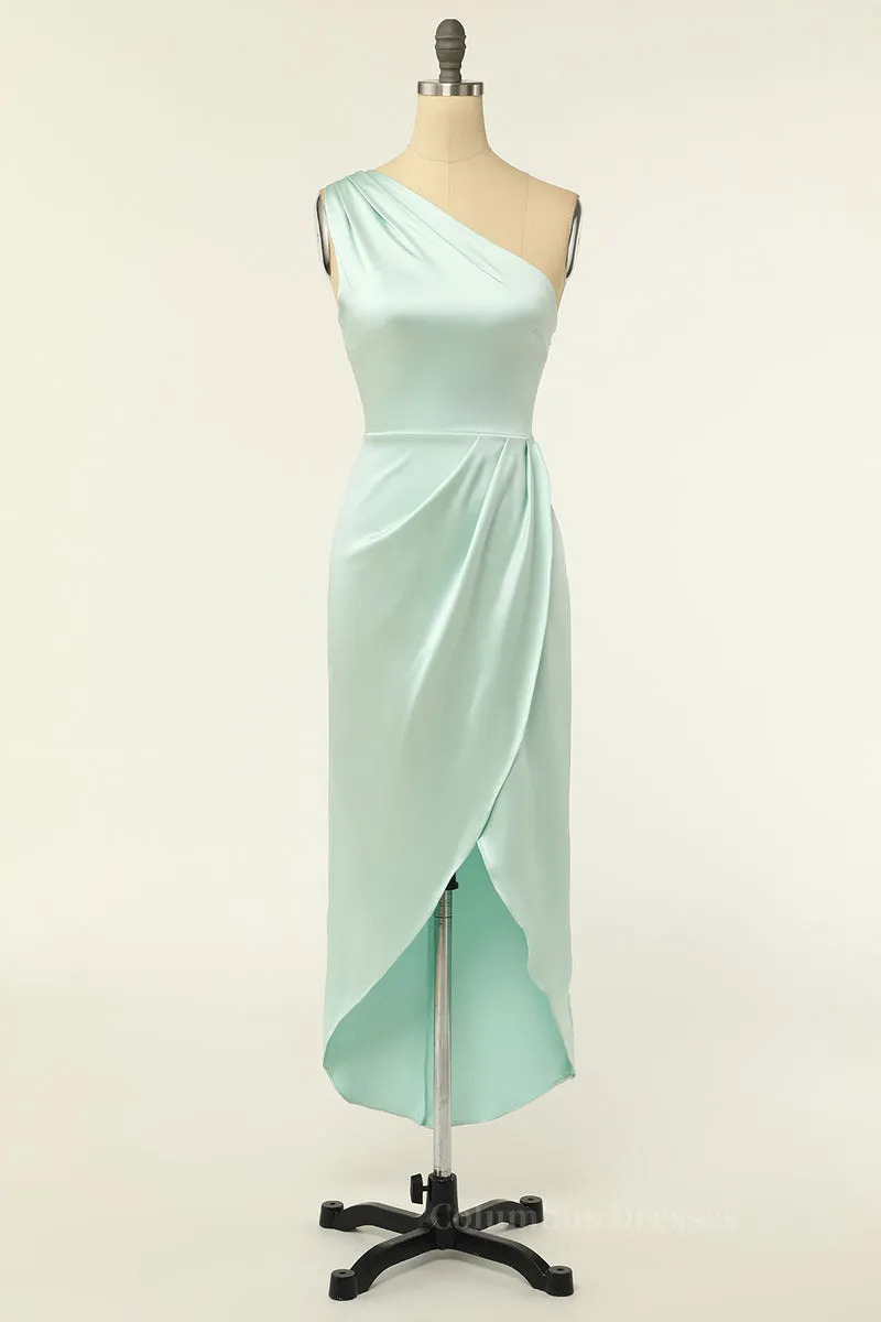 One Shoulder Mint Green Wrap Bridesmaid Dress