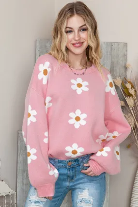 Pink 60s Floral Pattern Drop Shoulder Pullover Knit Sweater