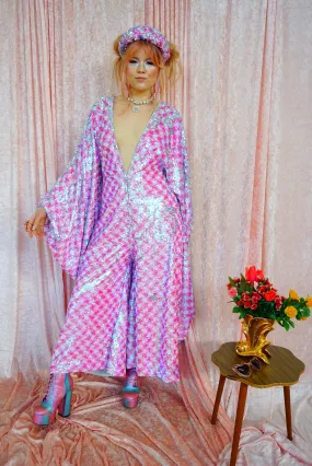 Pink & White Houndstooth Sequin Jumpsuit