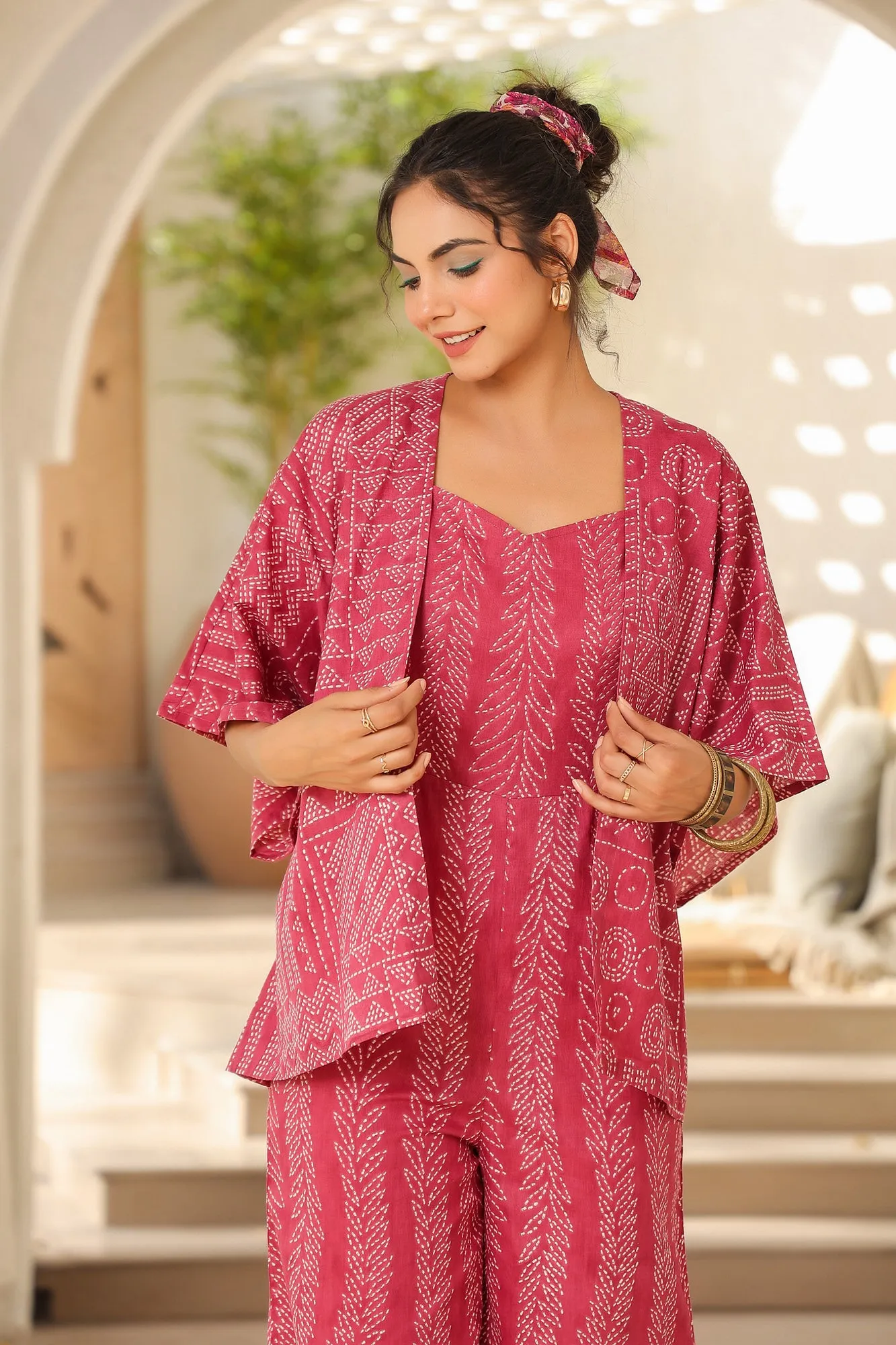Pink Gecko Cotton Jumpsuit with Shrug