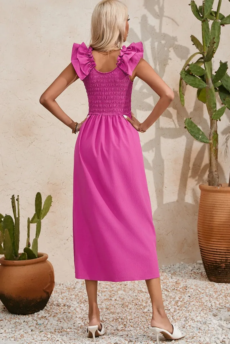 Pink Midi Dress Smocked Ruffle Side Pockets