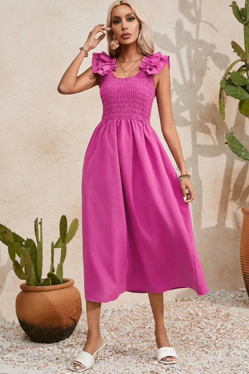 Pink Midi Dress Smocked Ruffle Side Pockets