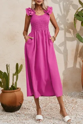 Pink Midi Dress Smocked Ruffle Side Pockets