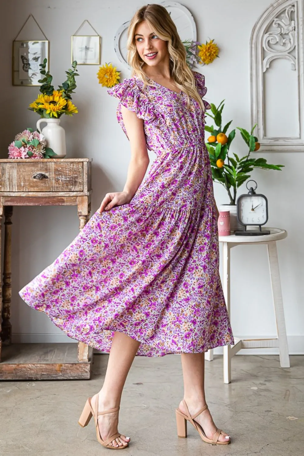 Printed V-Neck Ruffled Midi Dress
