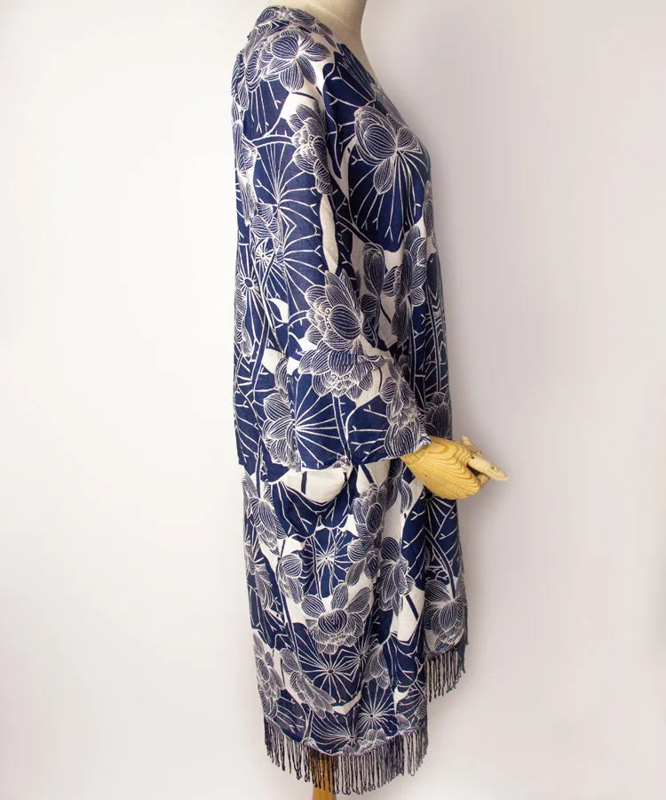 Purple Lotus Fringe Boho Kimono Cardigan