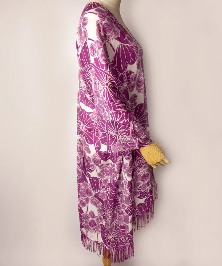 Purple Lotus Fringe Boho Kimono Cardigan