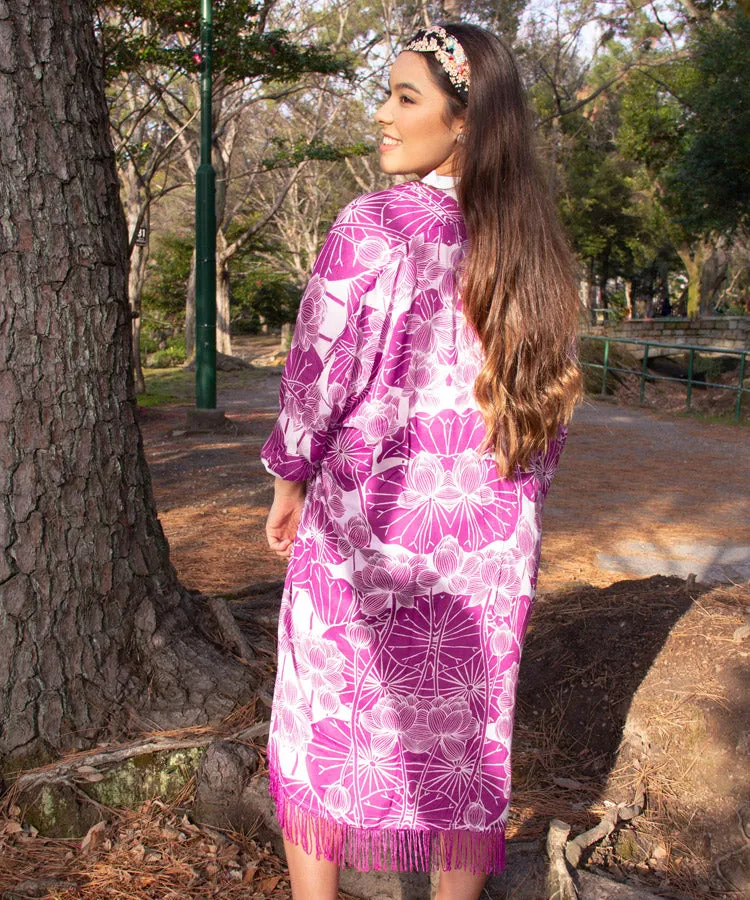 Purple Lotus Fringe Boho Kimono Cardigan
