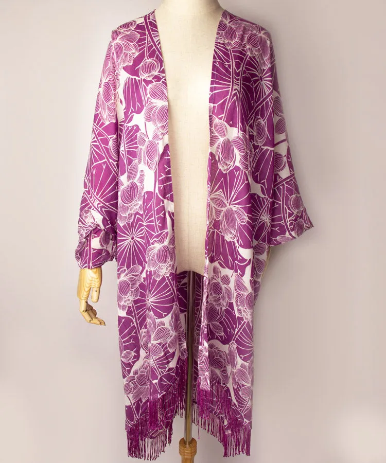 Purple Lotus Fringe Boho Kimono Cardigan