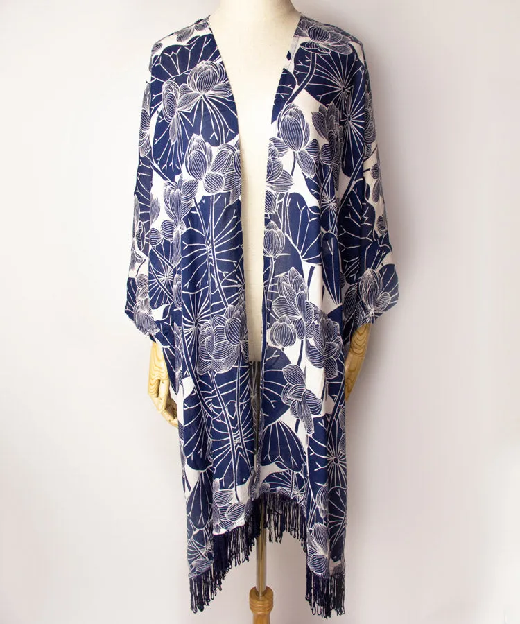 Purple Lotus Fringe Boho Kimono Cardigan