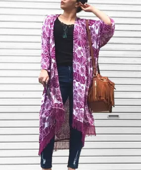Purple Lotus Fringe Boho Kimono Cardigan
