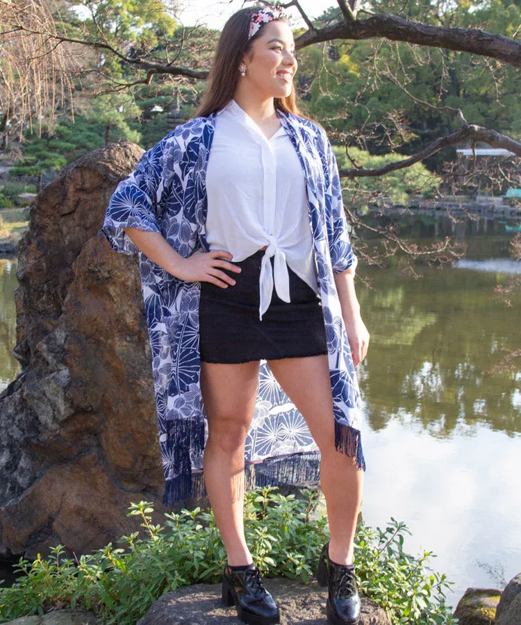 Purple Lotus Fringe Boho Kimono Cardigan