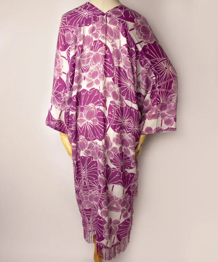 Purple Lotus Fringe Boho Kimono Cardigan