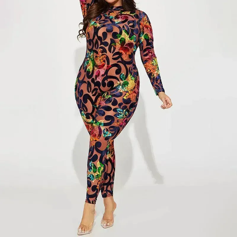 Retro Printed High Elastic Skinny Mesh Jumpsuit
