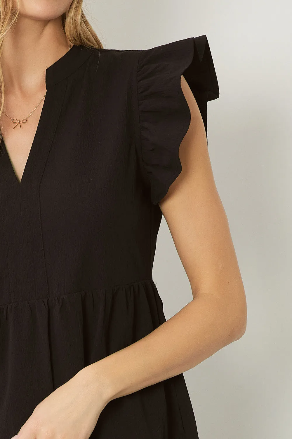 Ruffled Pocket Tiered Midi Dress, Black