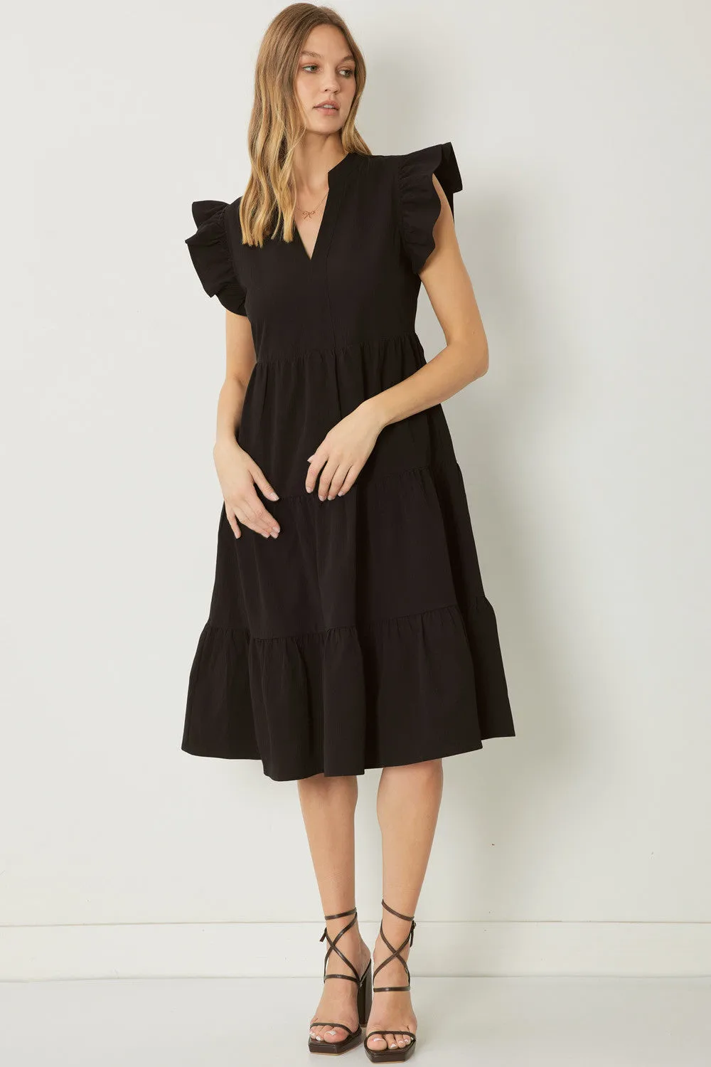 Ruffled Pocket Tiered Midi Dress, Black
