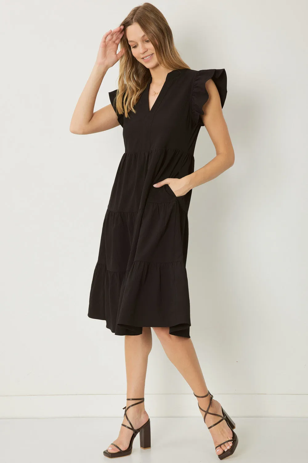 Ruffled Pocket Tiered Midi Dress, Black
