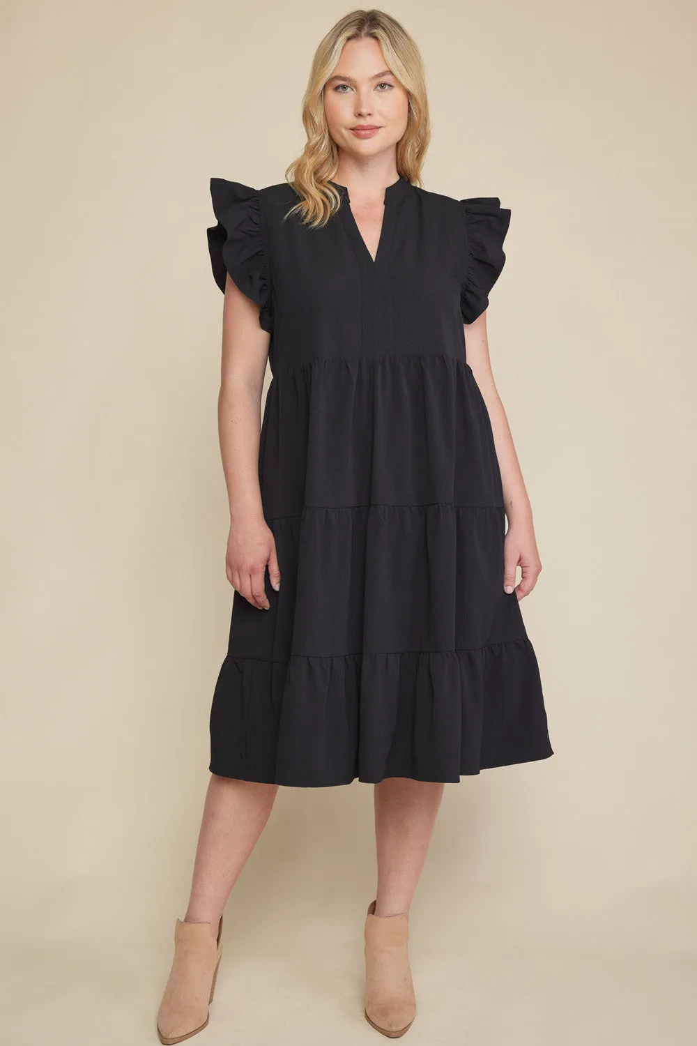 Ruffled Pocket Tiered Midi Dress, Black