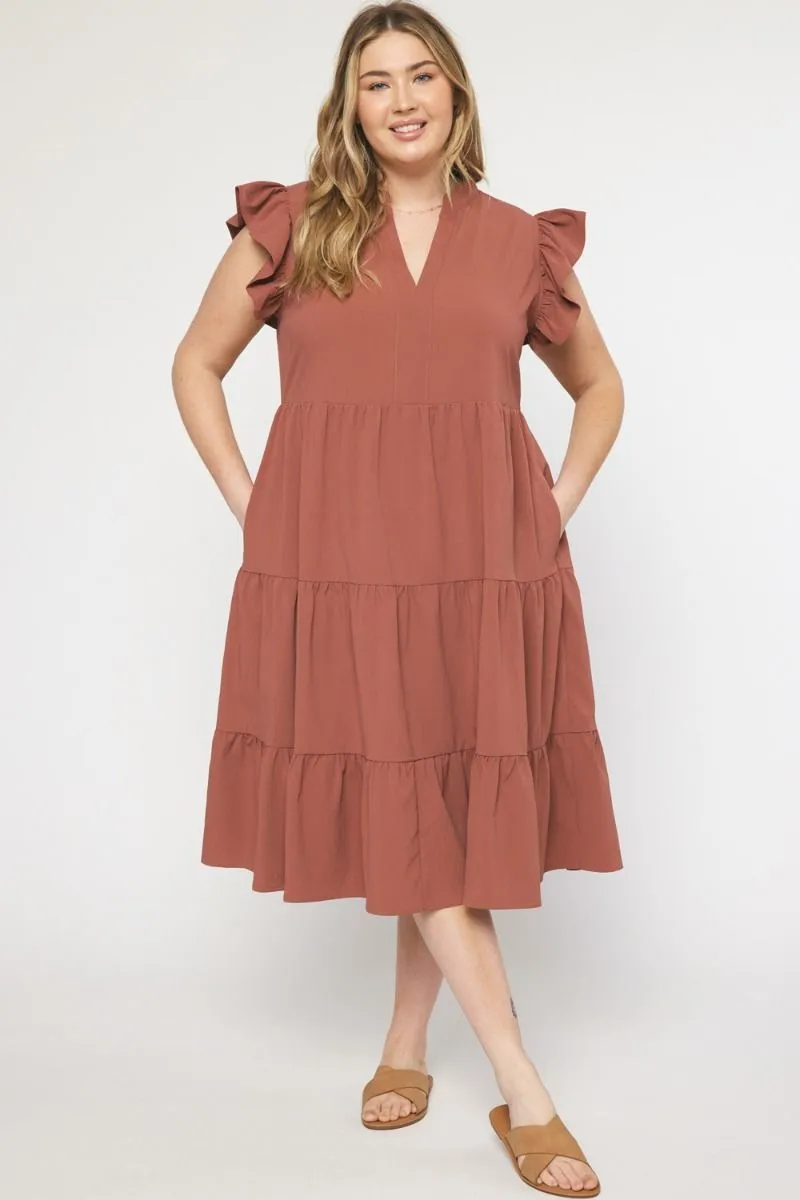 Ruffled Pocket Tiered Midi Dress, Cinnamon